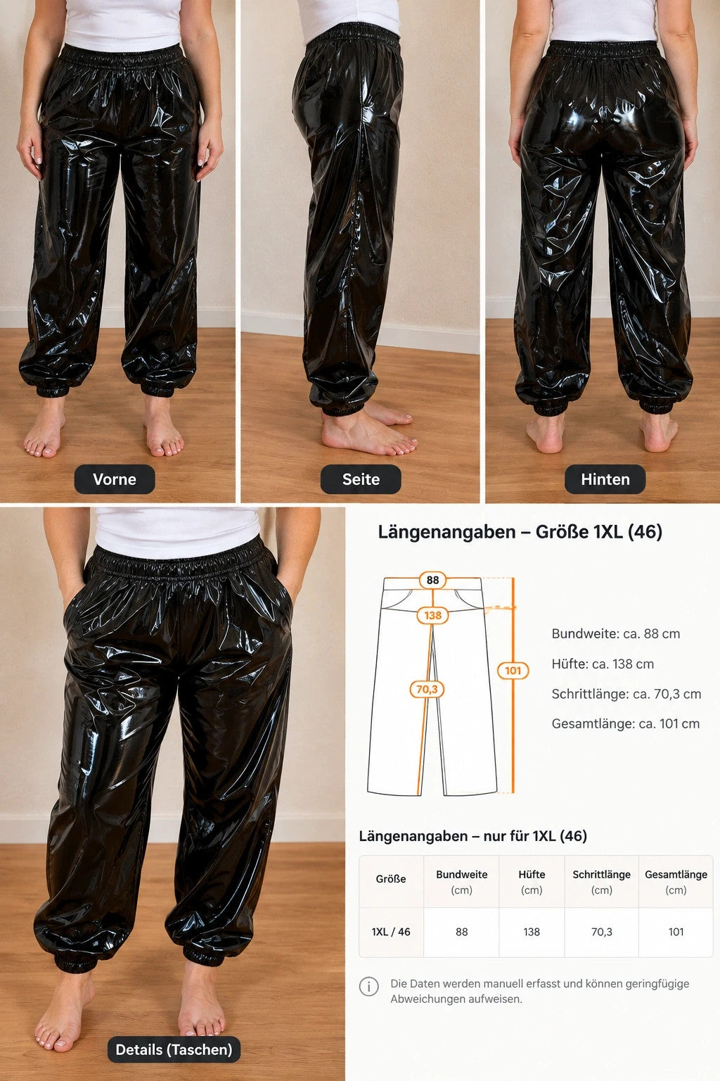Baggy black joggers high-gloss wetlook elastic waistband and ankle cuffs