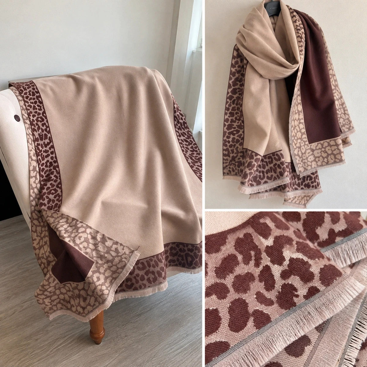 Beige scarf with brown leopard print edges and decorative fringes, reversible design.