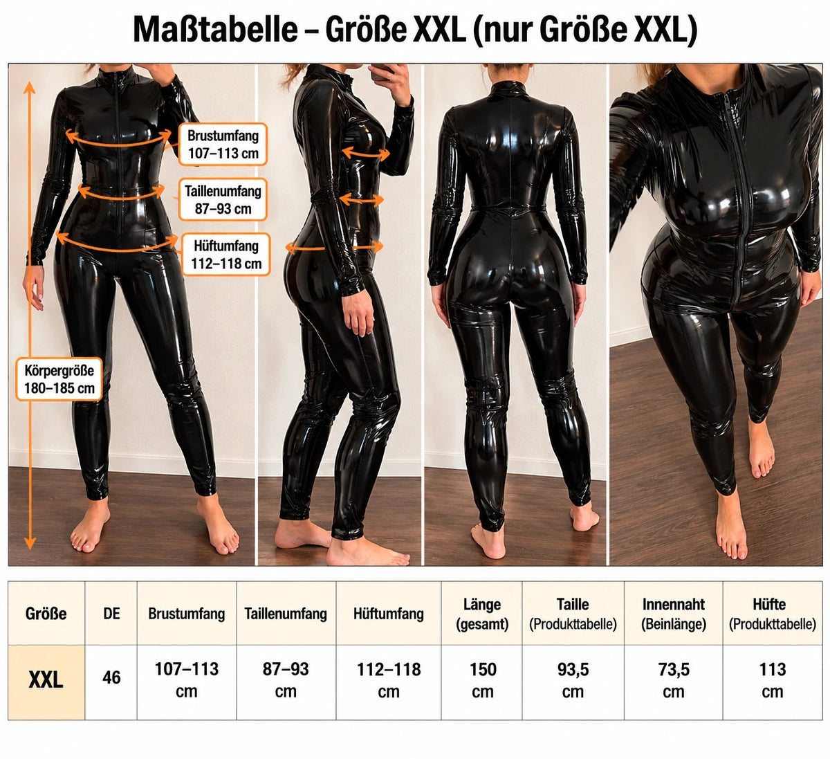 XXL black jumpsuit with long sleeves, front zipper, and fitted design.