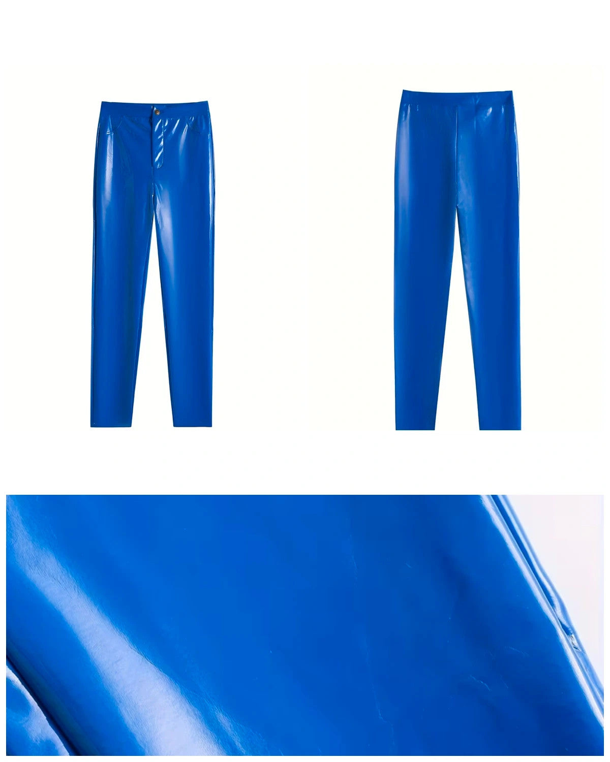 Che blue high waist pants with glossy finish, front zipper, and no real pockets.