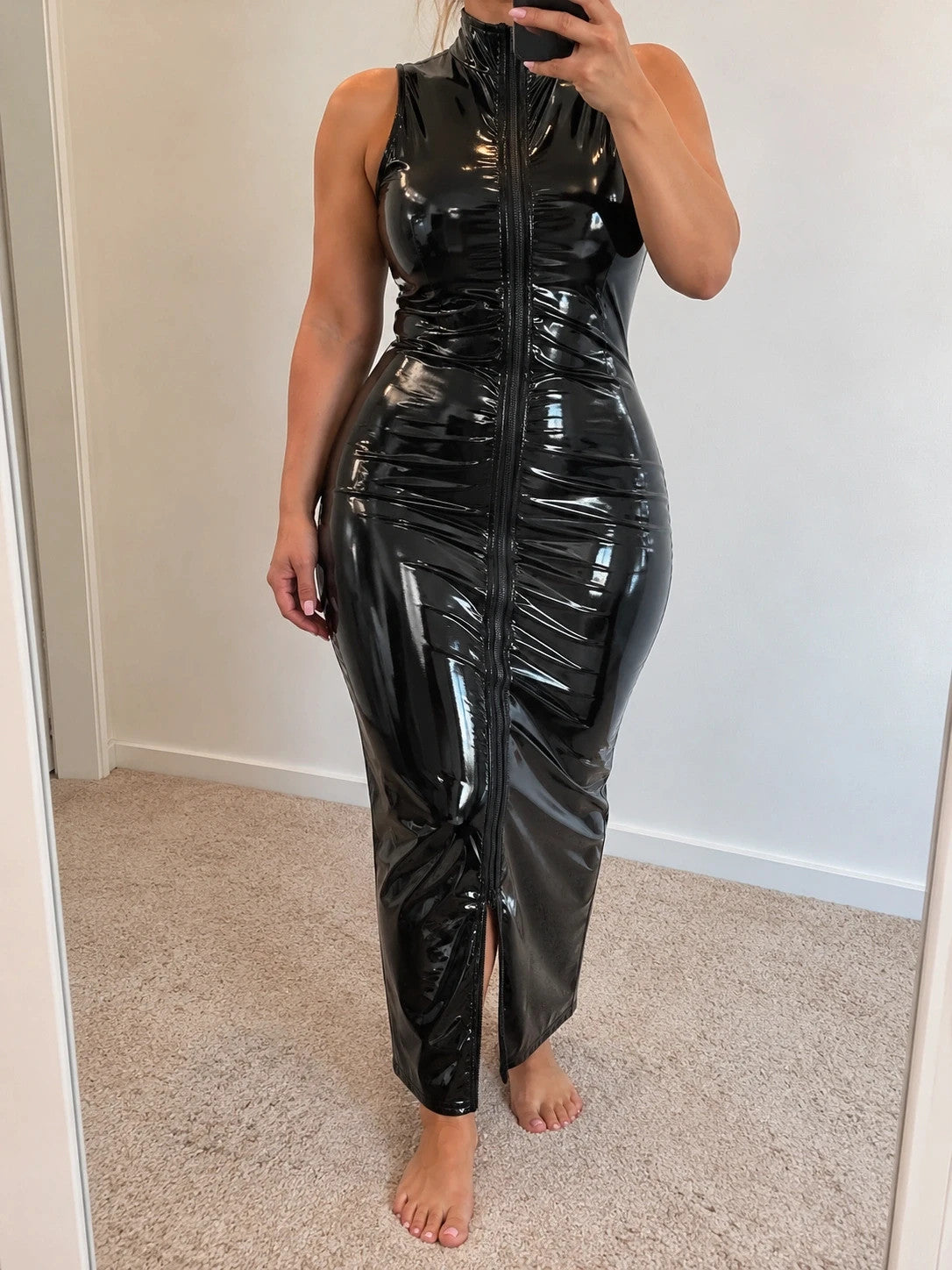 XXL black wetlook maxi dress, sleeveless with high gloss finish and front zipper.