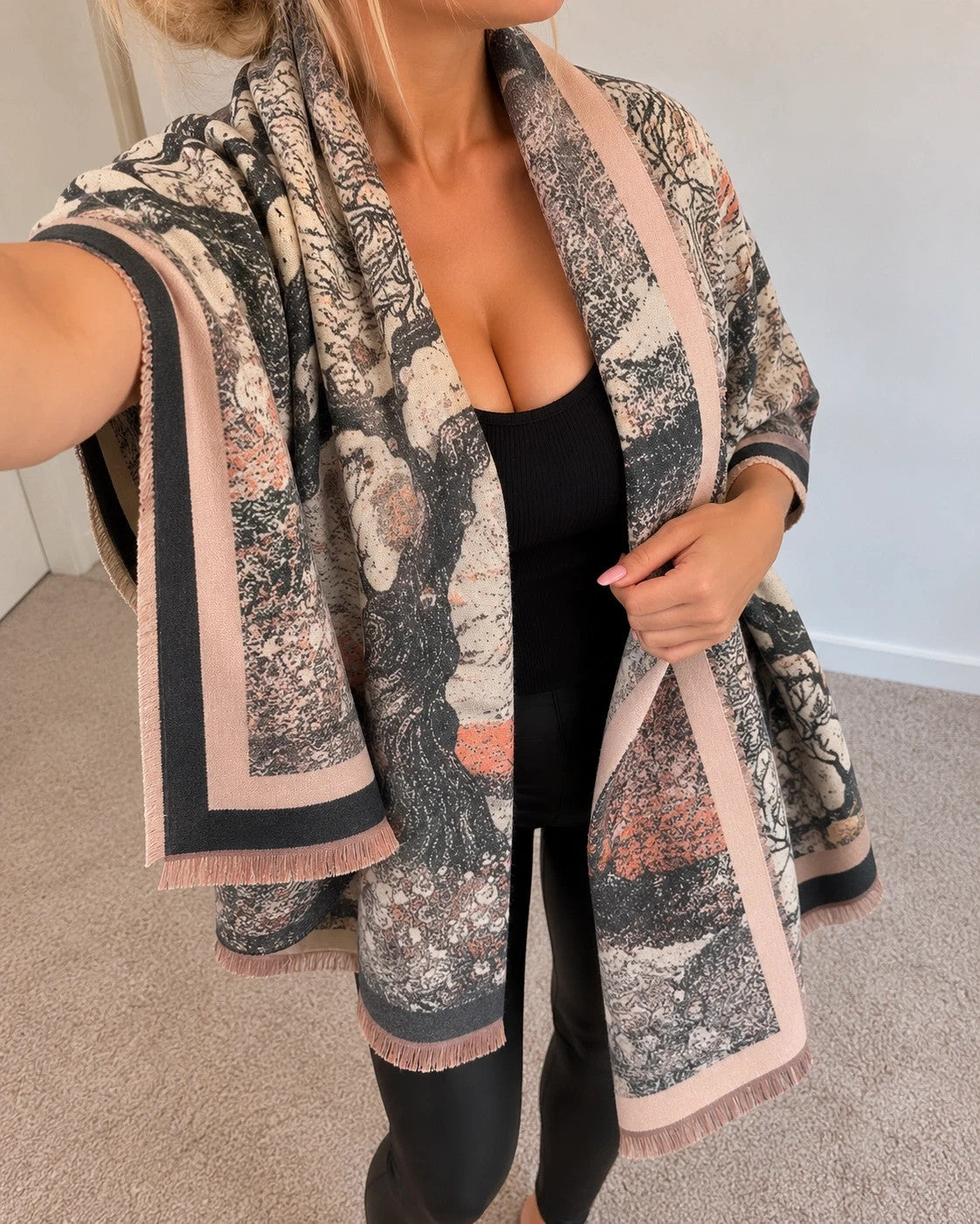 Creme multi shawl with artistic tree motif and decorative fringes, soft polyester material.