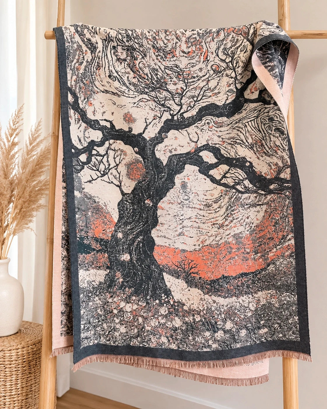 Creme multi shawl with artistic tree motif and decorative fringes, soft polyester material.