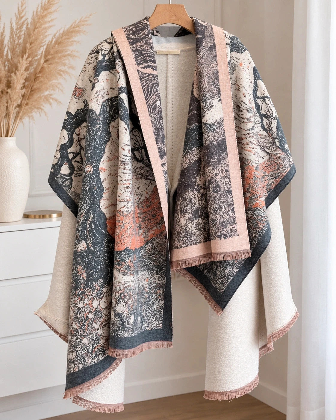 Creme multi shawl with artistic tree motif and decorative fringes, soft polyester material.