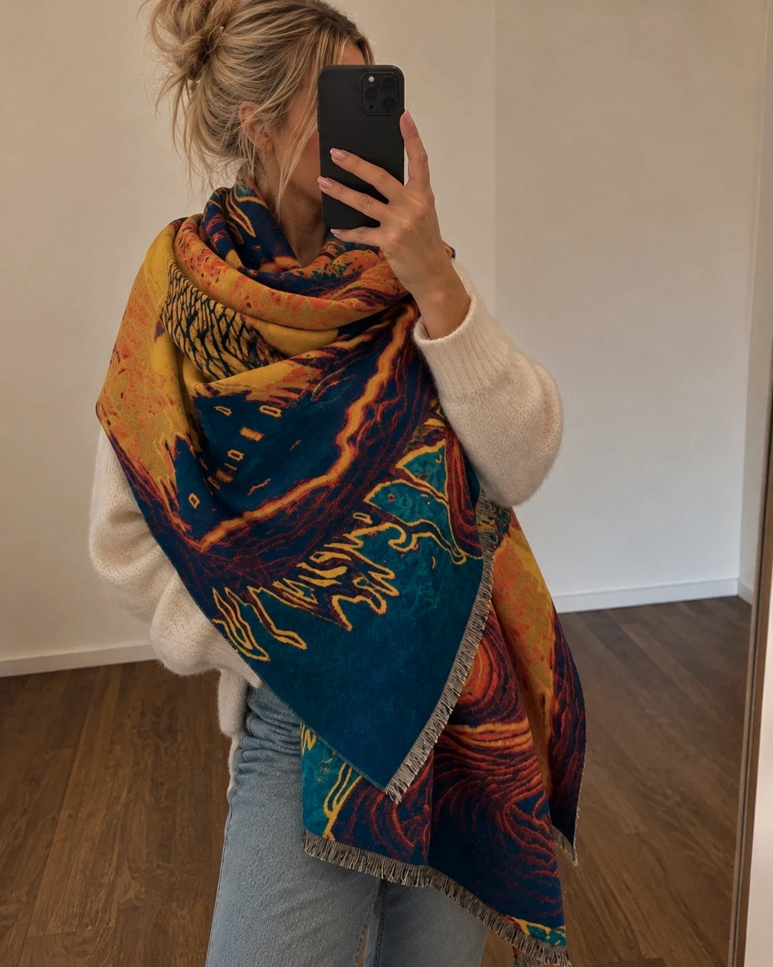 Farben multi shawl featuring artistic landscape design with fringed edges, 100% polyester.