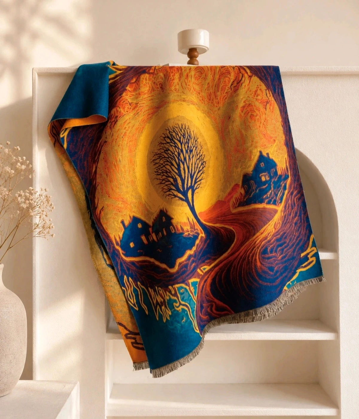 Farben multi shawl featuring artistic landscape design with fringed edges, 100% polyester.