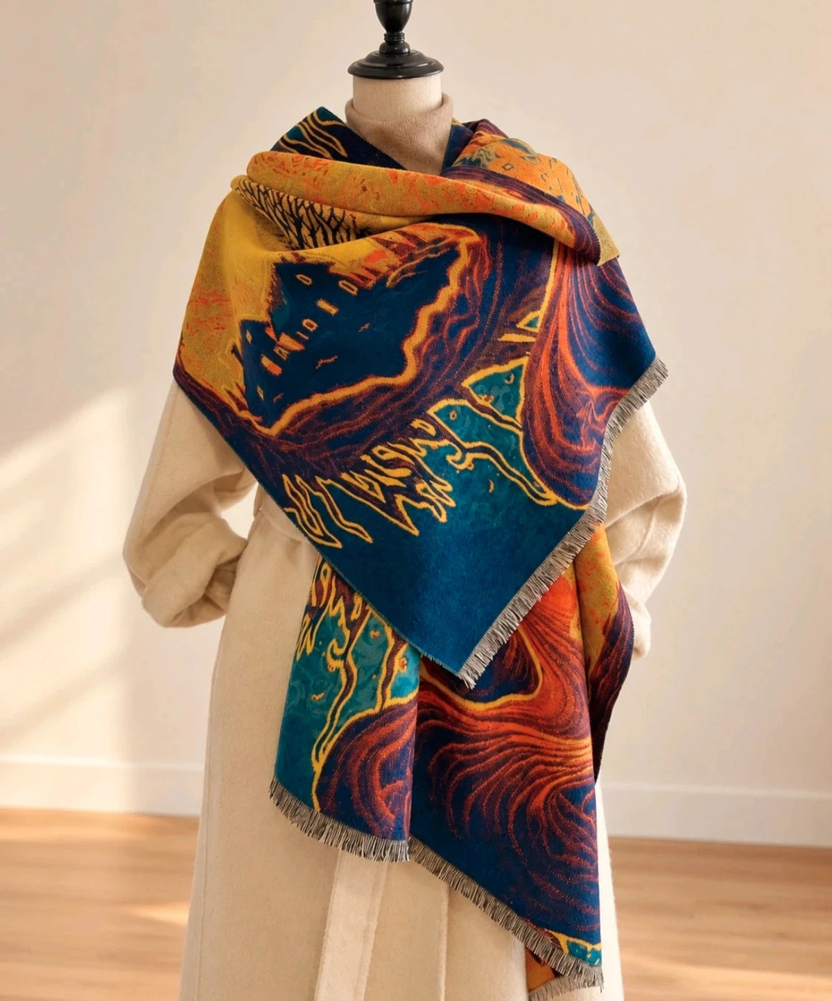 Farben multi shawl featuring artistic landscape design with fringed edges, 100% polyester.