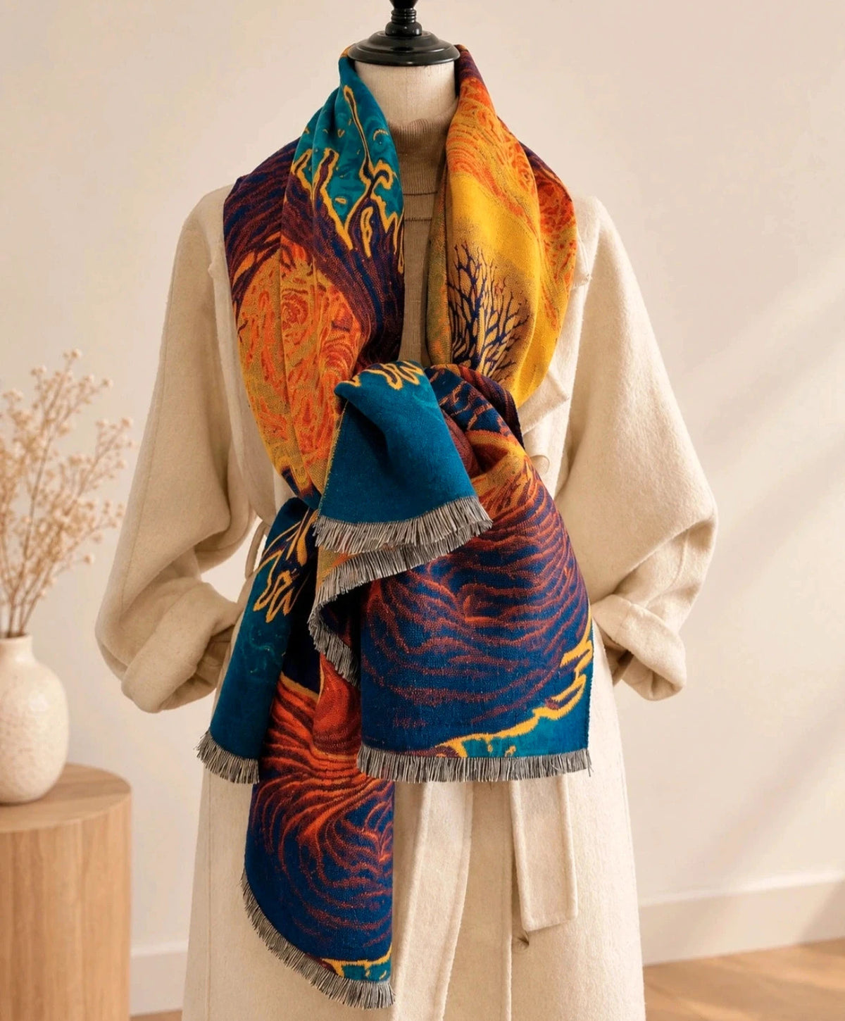 Farben multi shawl featuring artistic landscape design with fringed edges, 100% polyester.