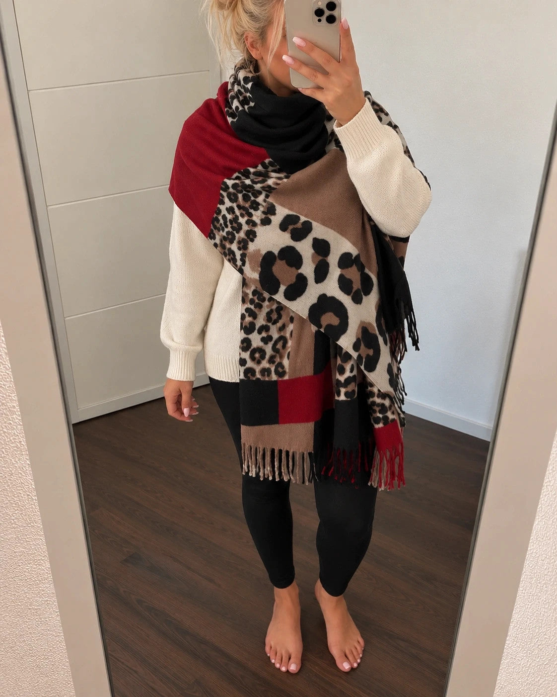 Bordeaux multi shawl featuring leopard print, geometric patterns, and fringed edges.