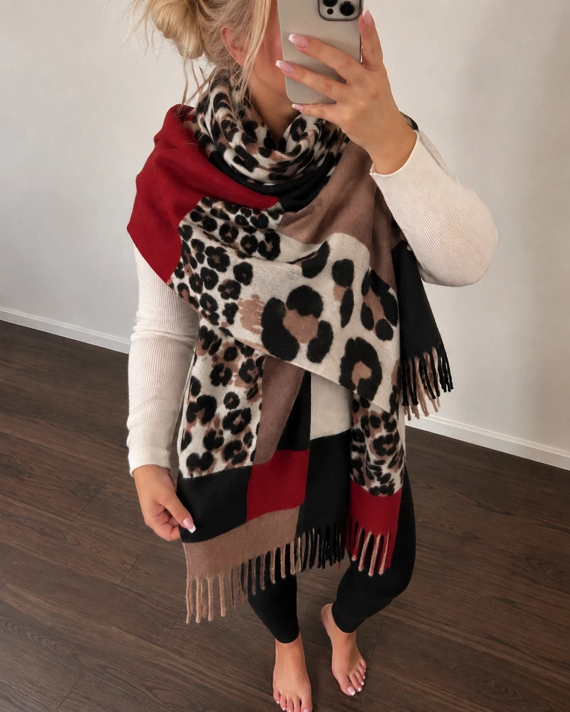 Bordeaux multi shawl featuring leopard print, geometric patterns, and fringed edges.