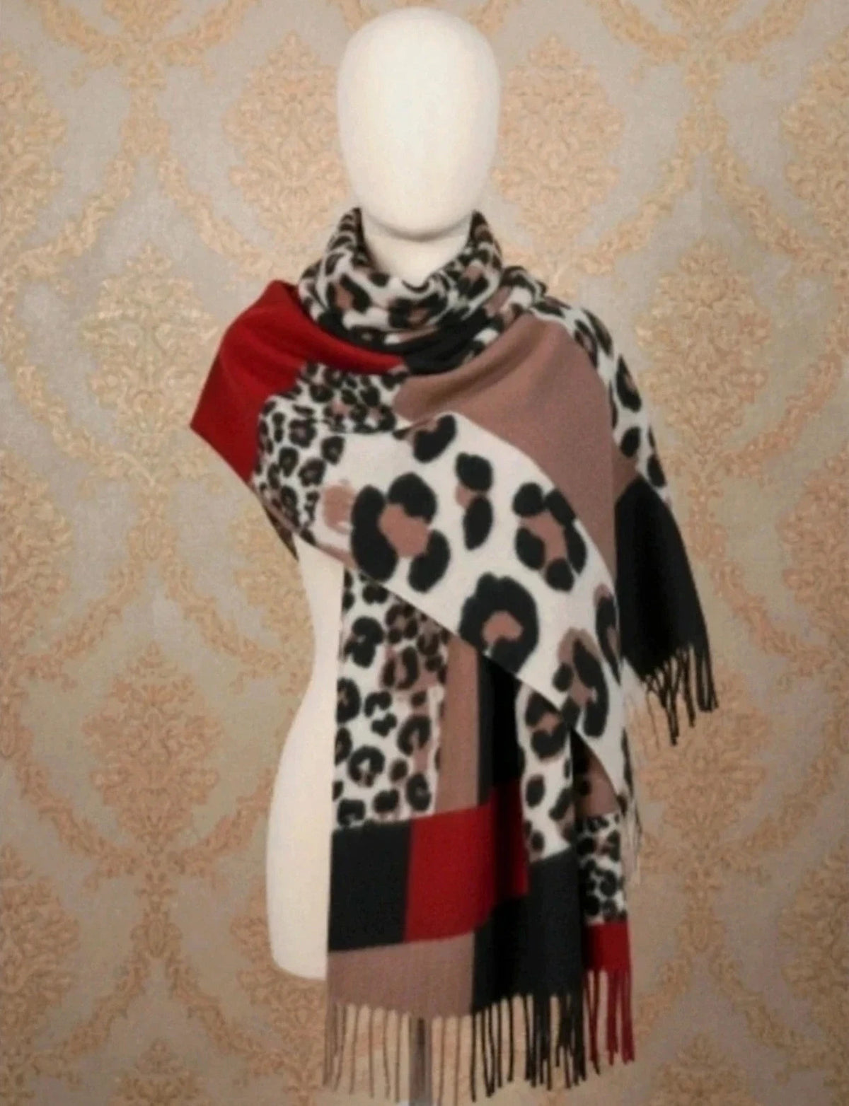 Bordeaux multi shawl featuring leopard print, geometric patterns, and fringed edges.