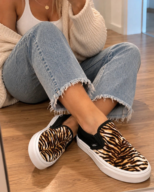 VANS Classic Slip-On trainers black brown soft suede with tiger print and white sole