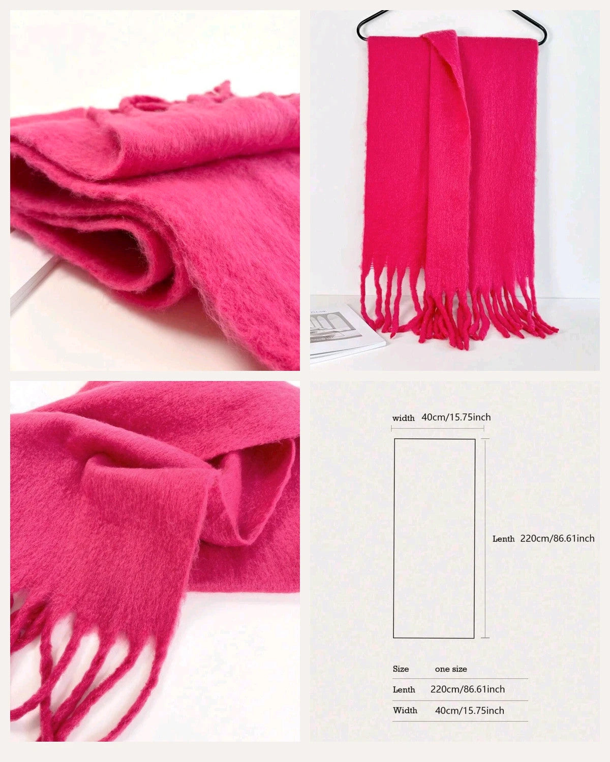 XXL pink fuchsia oversized scarf with long decorative fringes and soft fluffy texture.