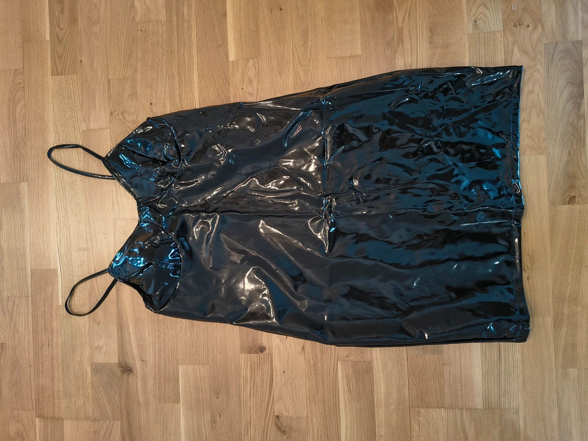 REI black bandage dress wetlook finish adjustable spaghetti straps back zipper
