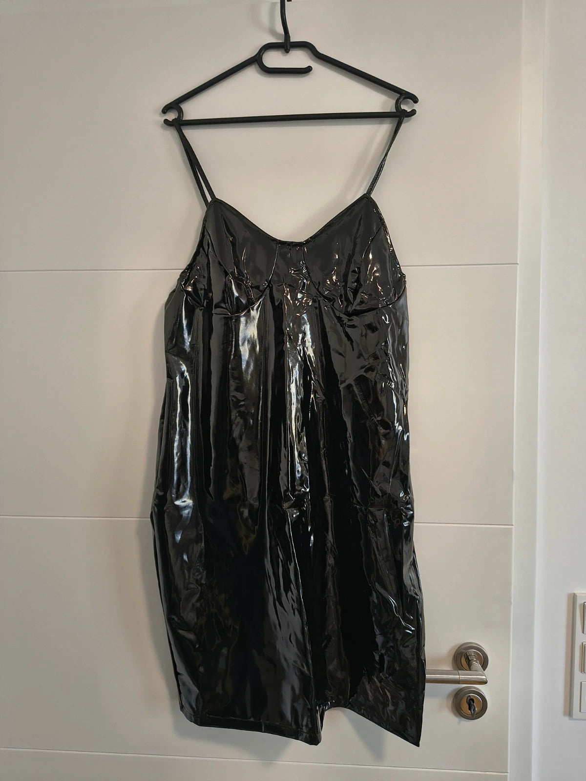 REI black bandage dress wetlook finish adjustable spaghetti straps back zipper