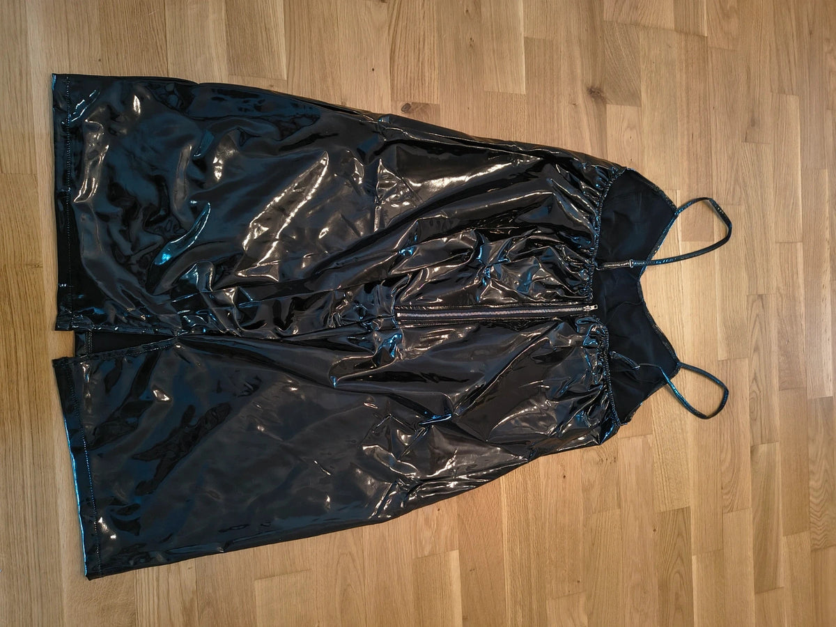 REI black bandage dress wetlook finish adjustable spaghetti straps back zipper