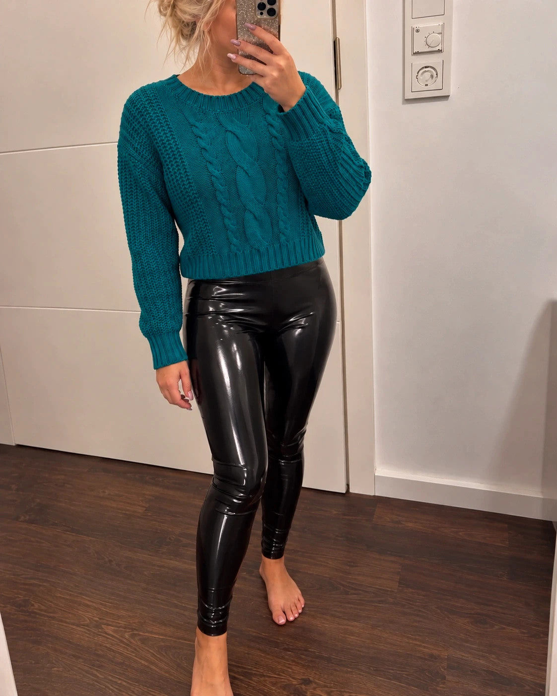Pullover blue-green hoodie with cable knit pattern and ribbed cuffs, size L fits like M.