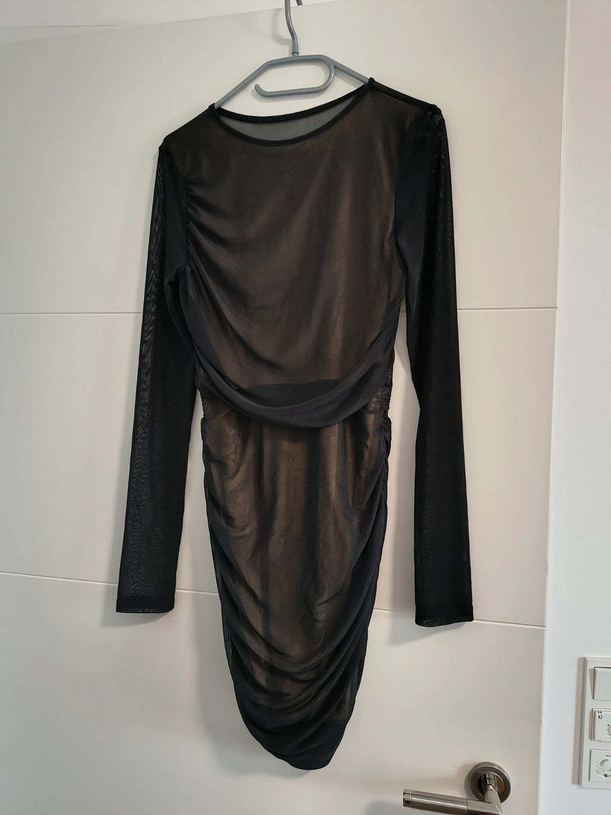 ohne pencil dress black mesh long sleeves ruched design beige lining