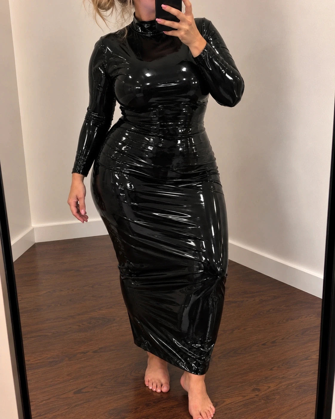 L'ange black linen maxi dress glossy finish long sleeves high collar back slit