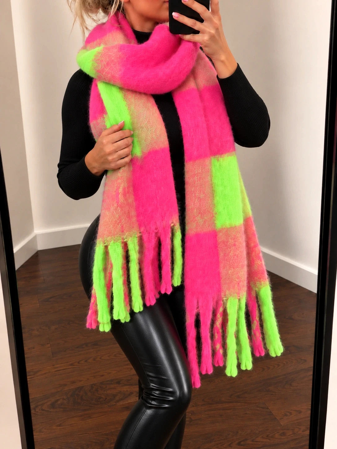 XXL multi shawl large check pattern neon pink green orange beige with fringes