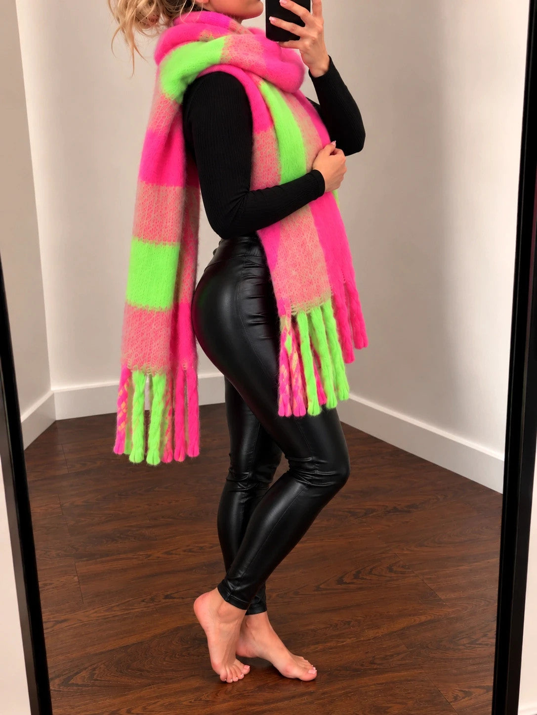 XXL multi shawl large check pattern neon pink green orange beige with fringes