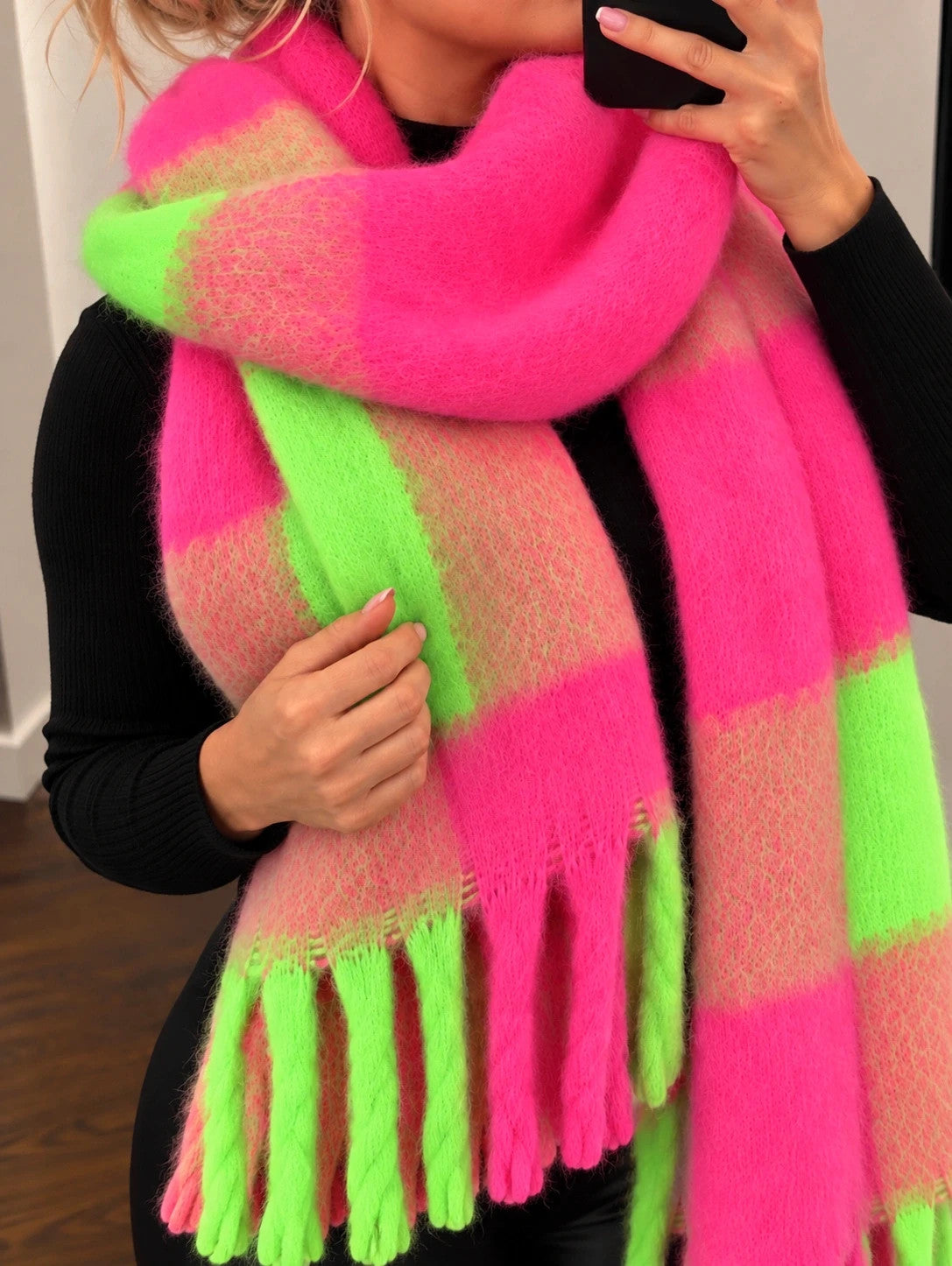 XXL multi shawl large check pattern neon pink green orange beige with fringes