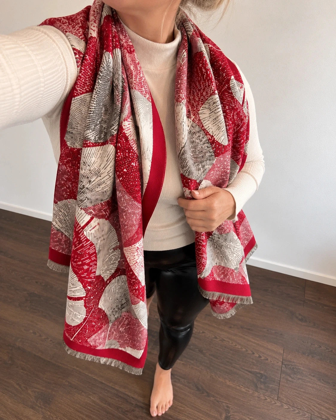 Creme shawl red, cream, grey with decorative leaf pattern and fringed edges.