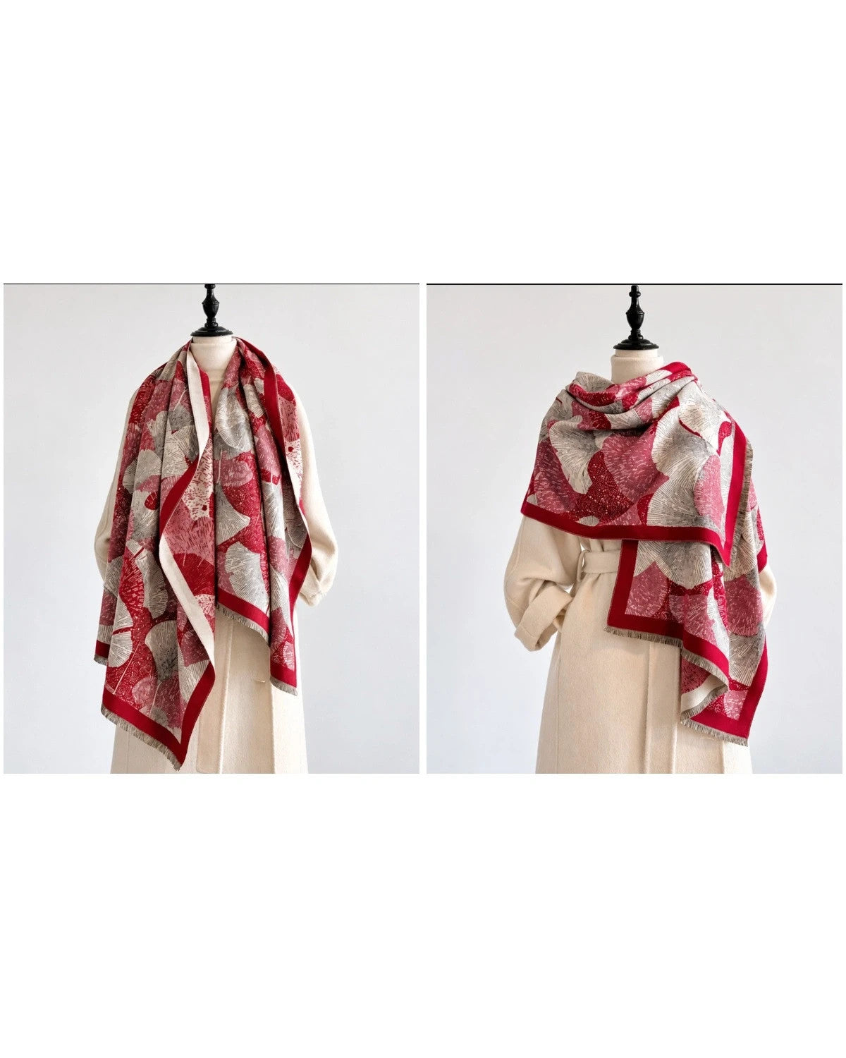 Creme shawl red, cream, grey with decorative leaf pattern and fringed edges.