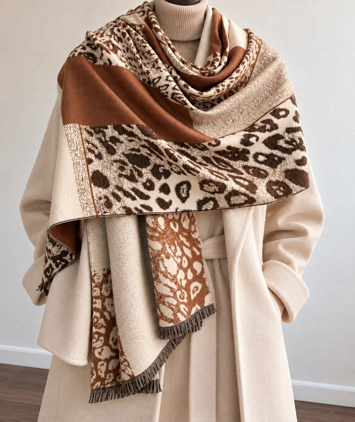 Braun shawl beige brown cream animal print mix soft polyester fabric