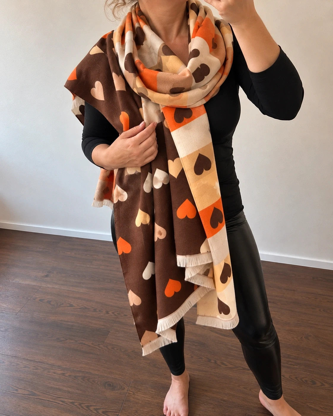 Braun shawl multi-coloured heart pattern soft polyester with fringed edges