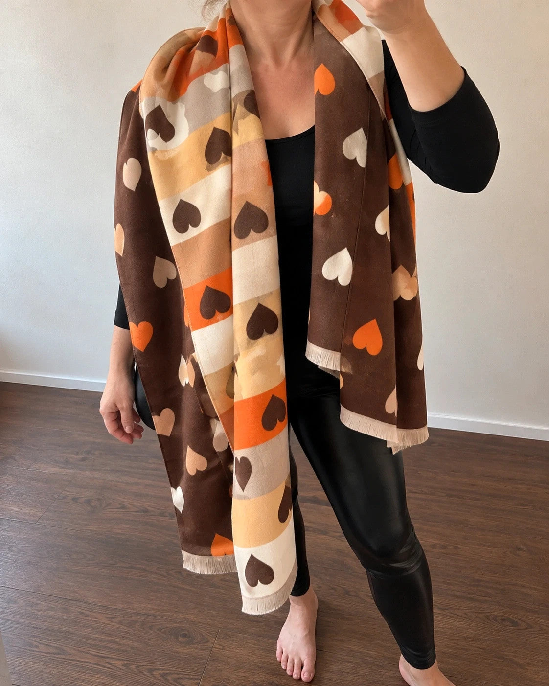 Braun shawl multi-coloured heart pattern soft polyester with fringed edges