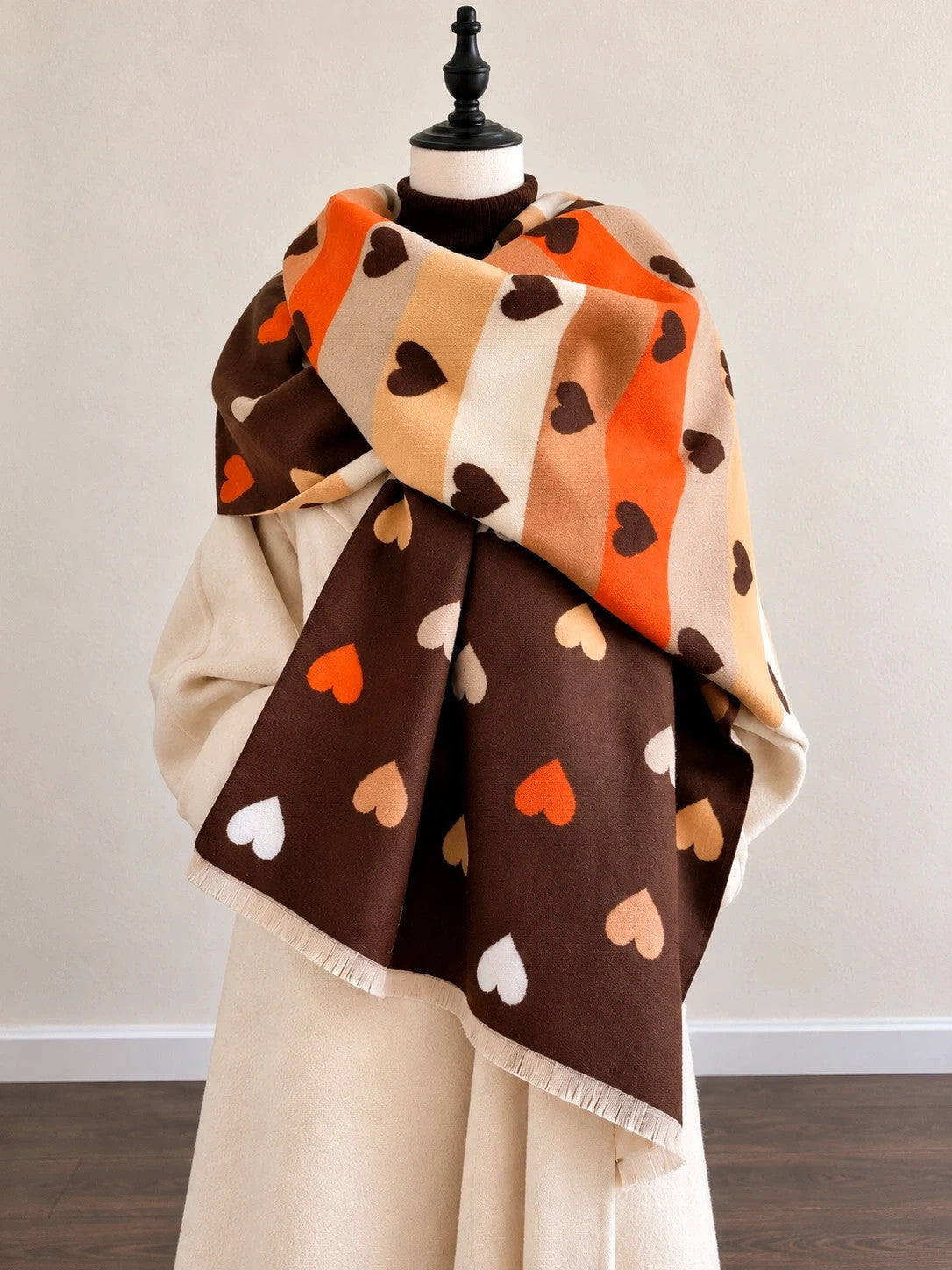 Braun shawl multi-coloured heart pattern soft polyester with fringed edges