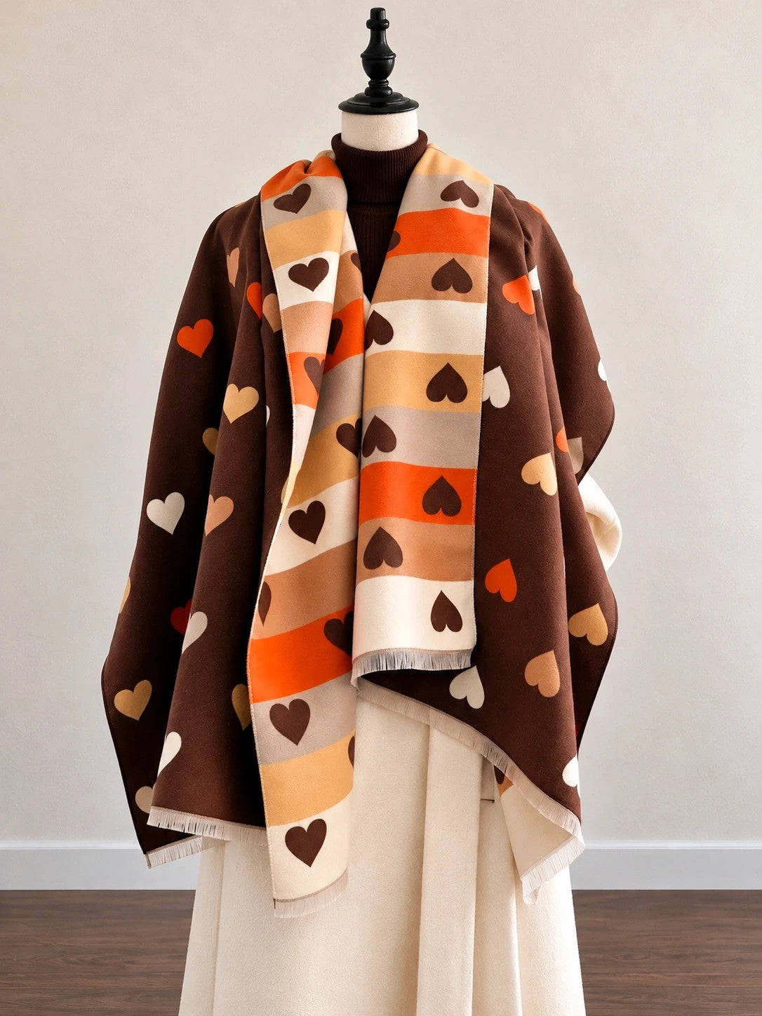 Braun shawl multi-coloured heart pattern soft polyester with fringed edges