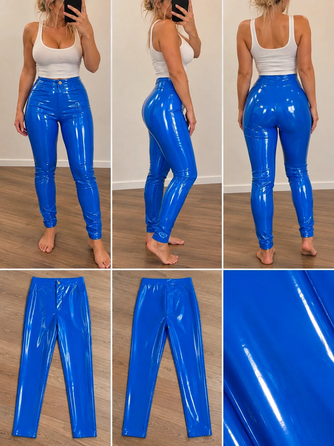 Che blue high waist pants glossy finish with slim fit and front zipper.