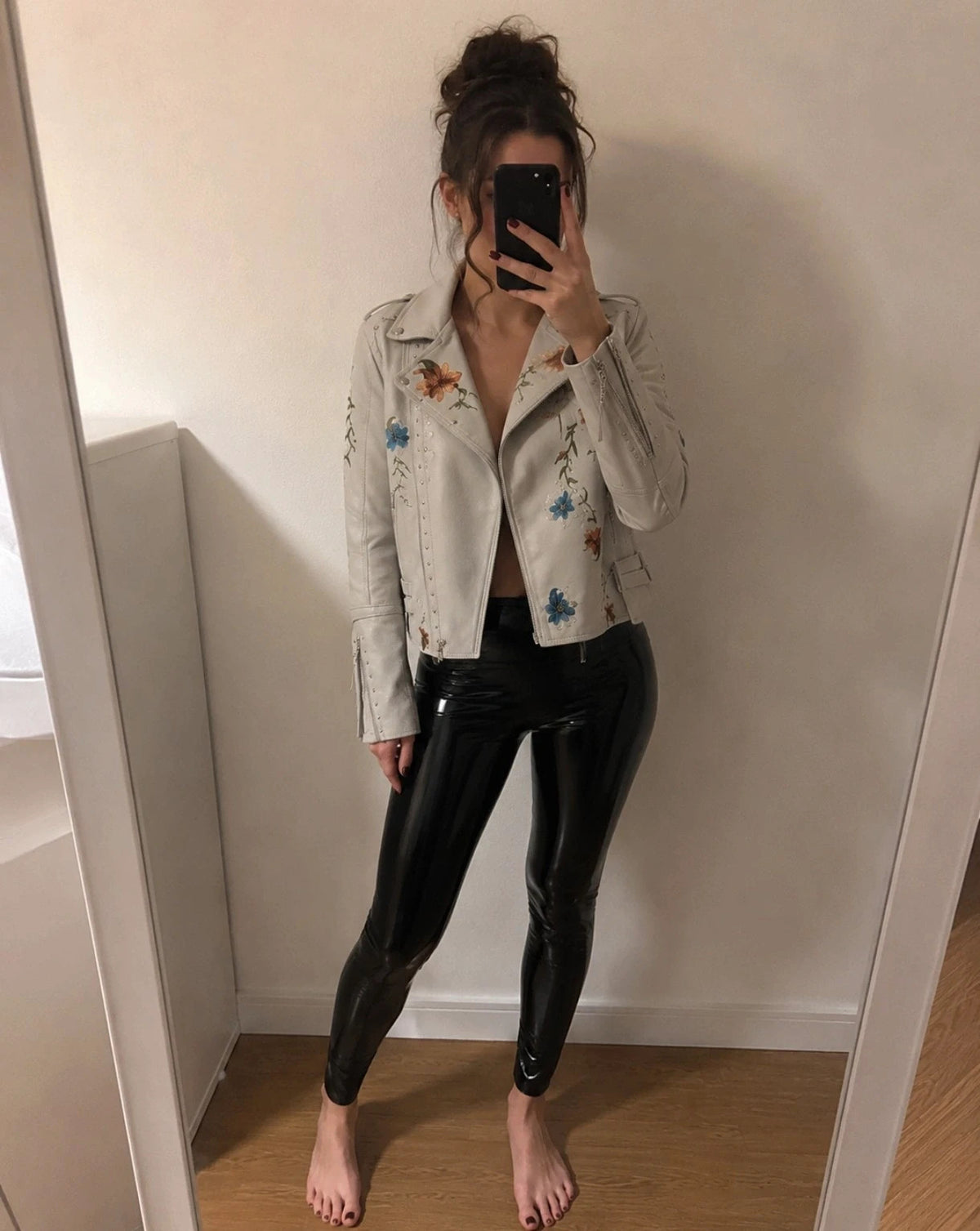 beige biker jacket cream pink floral embroidery silver studs asymmetrical zipper