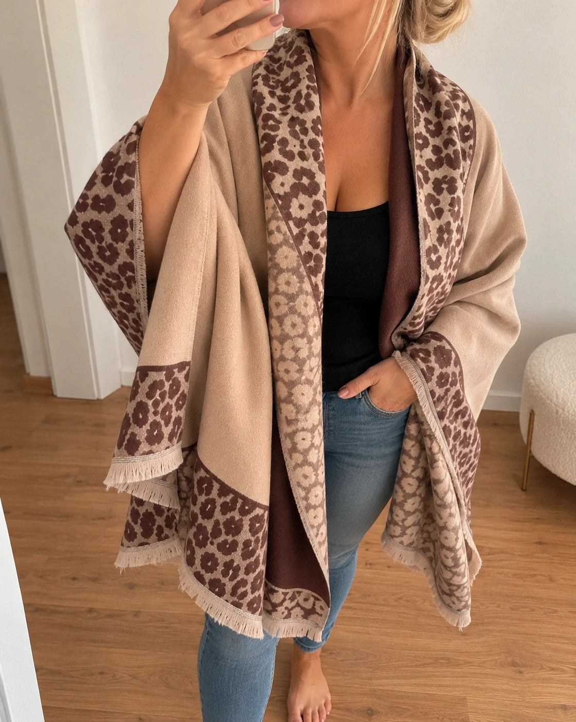 XXL beige brown shawl featuring decorative leopard pattern and soft fringed edges.
