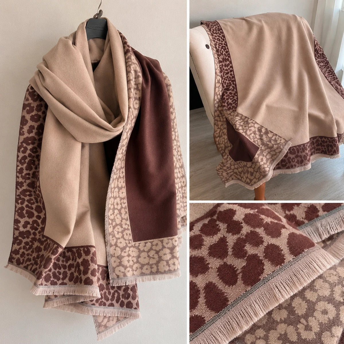 XXL beige brown shawl featuring decorative leopard pattern and soft fringed edges.