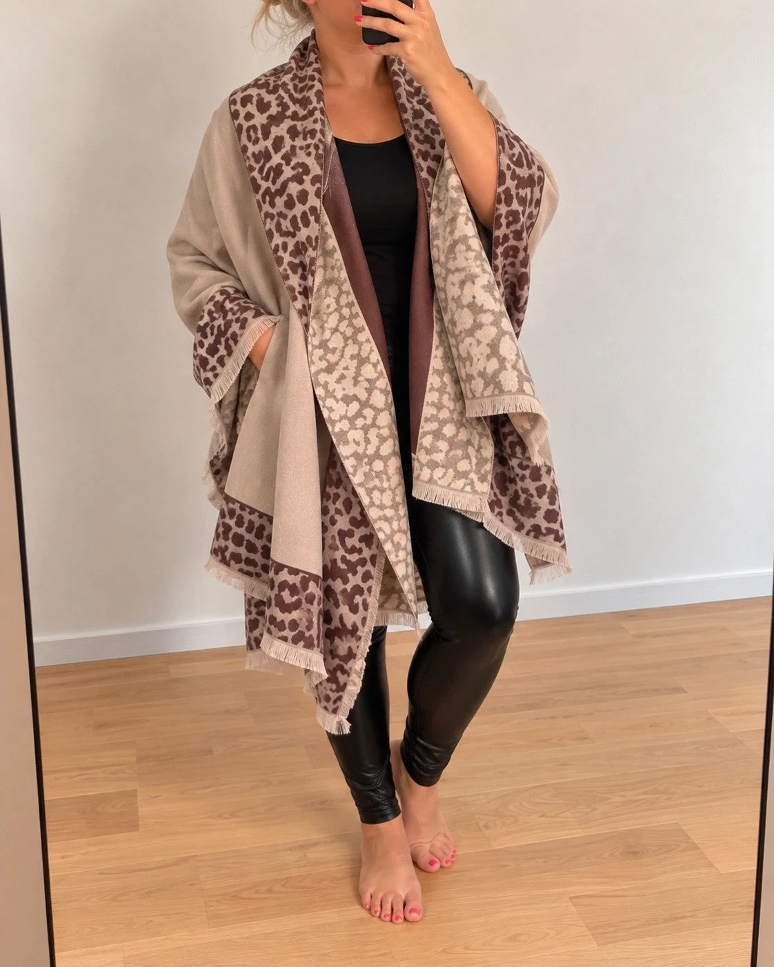 XXL beige brown shawl featuring decorative leopard pattern and soft fringed edges.
