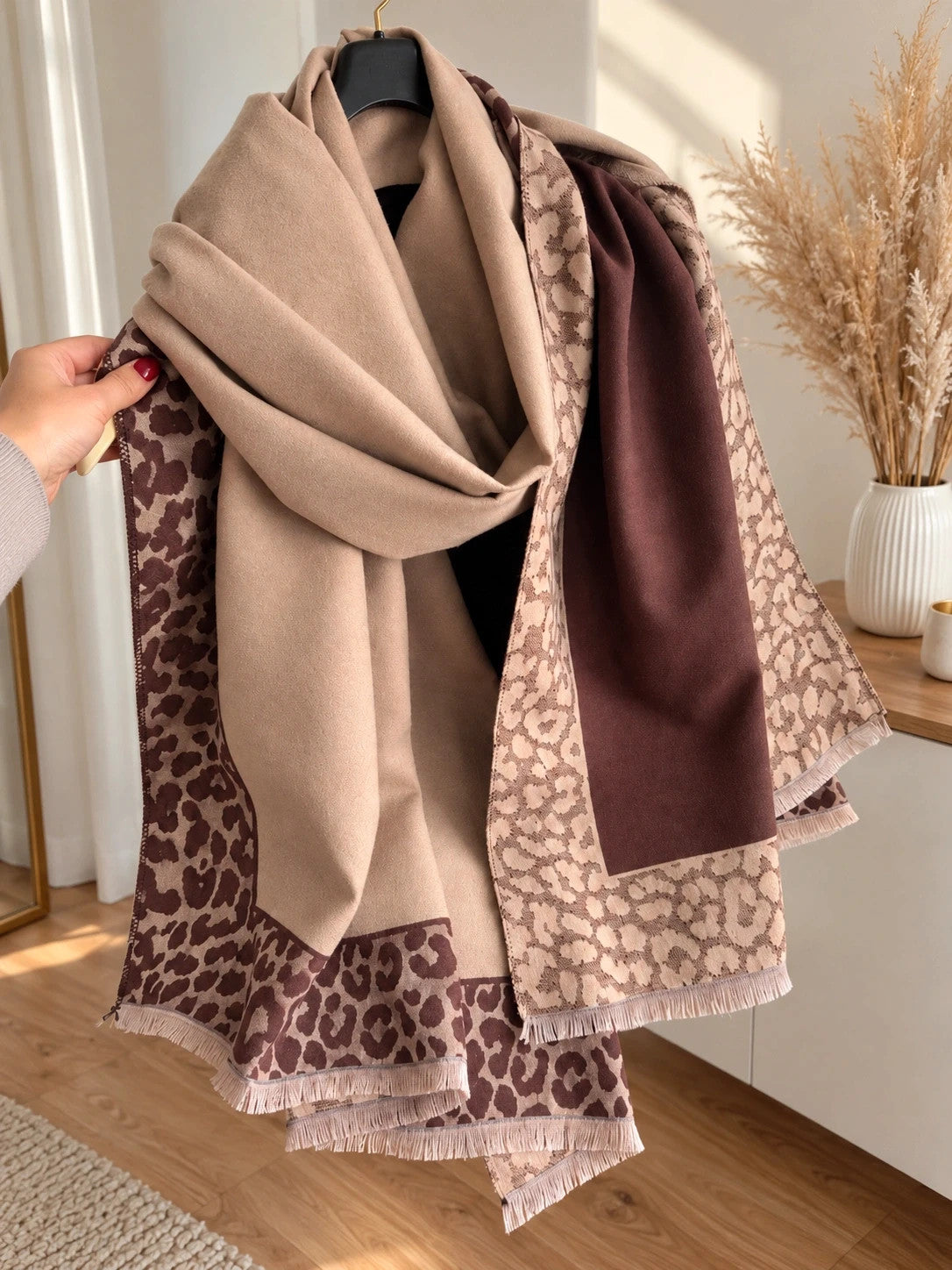 XXL beige brown shawl featuring decorative leopard pattern and soft fringed edges.