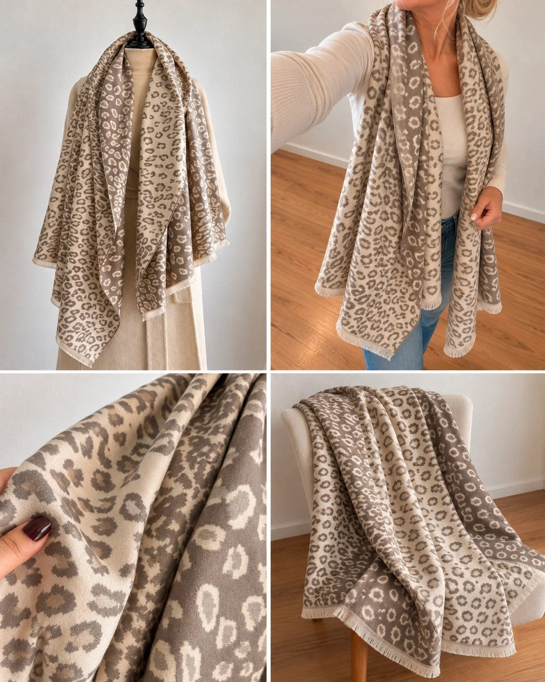 XXL cream-grey shawl with stylish leopard print and fringe edges, made of soft polyester.