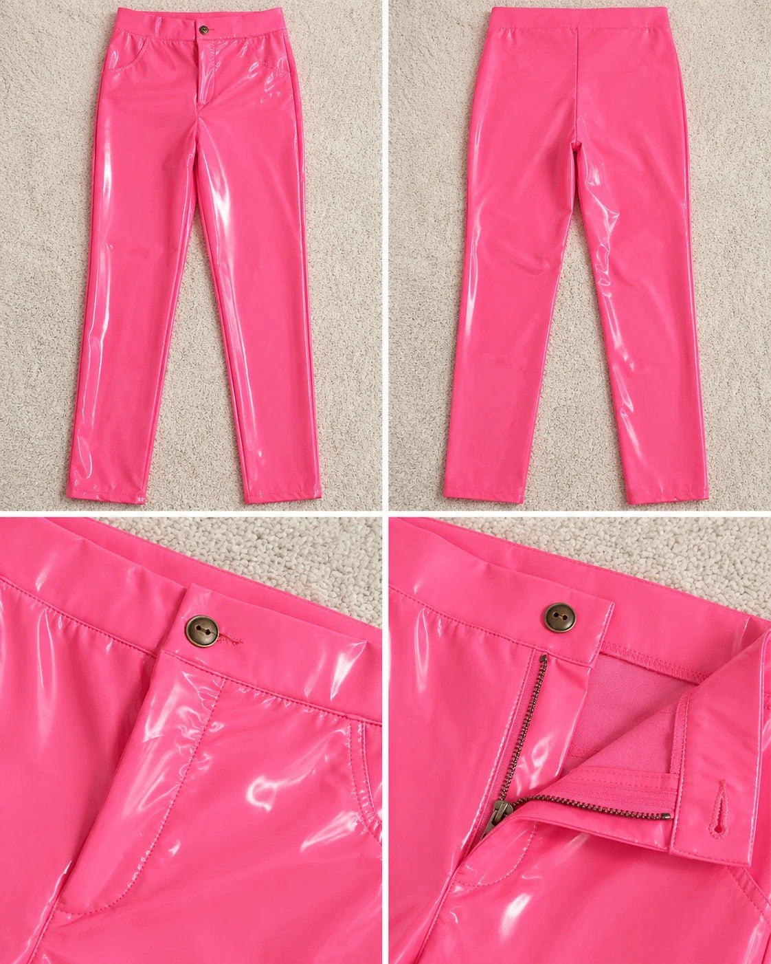 Che pink high waist pants with glossy finish and fitted silhouette.