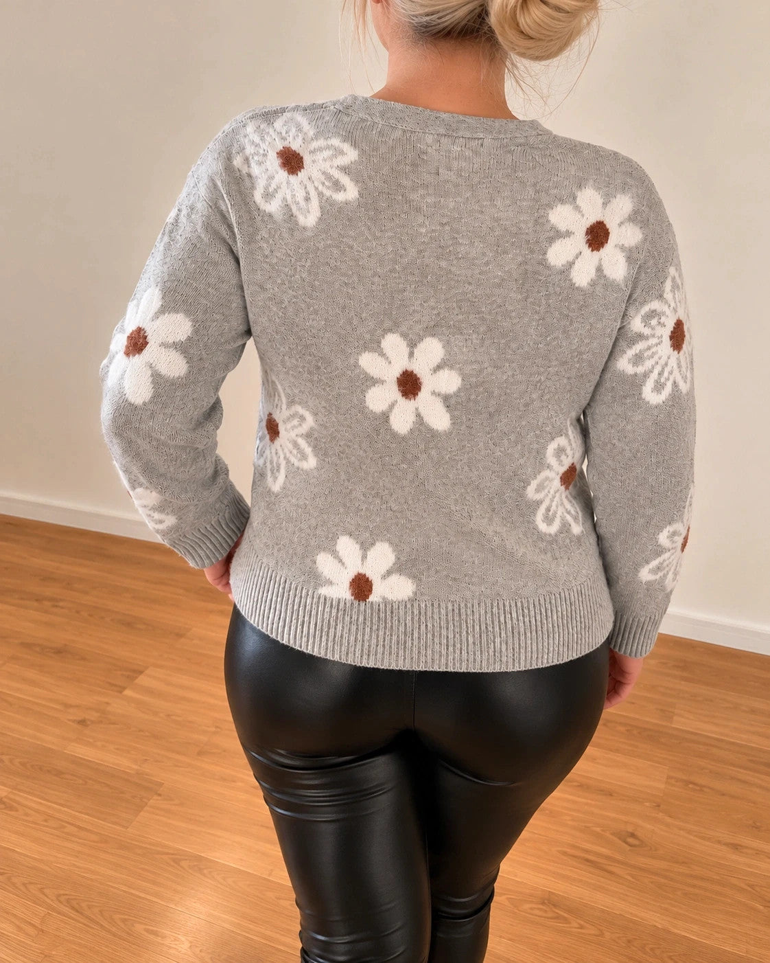 SheIn grey knit cardigan with large cream floral pattern and V-neck, soft material.
