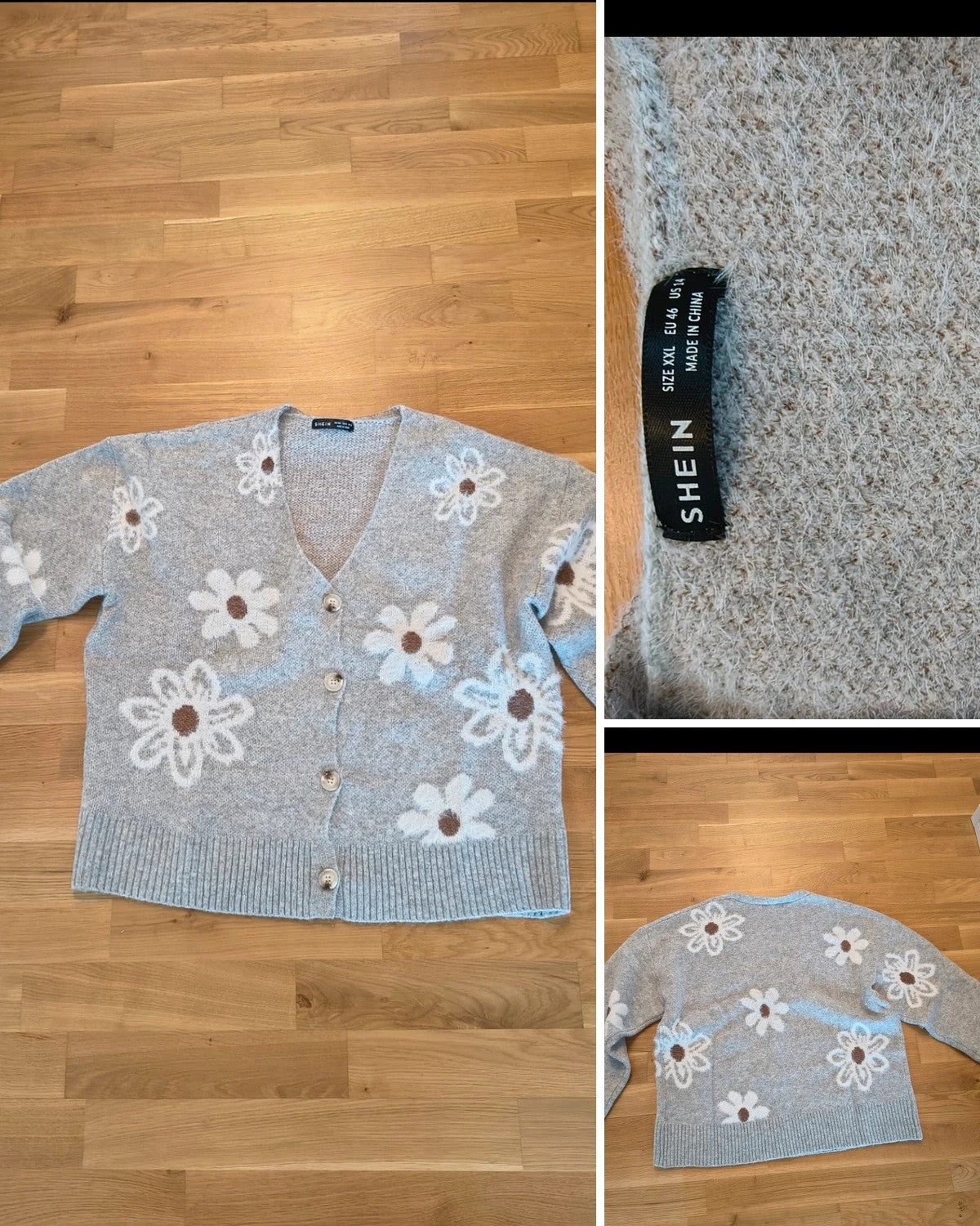 SheIn grey knit cardigan with large cream floral pattern and V-neck, soft material.