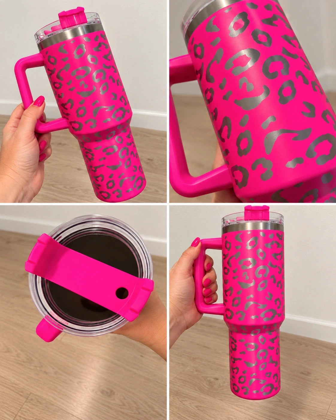 Thermobecher pink stainless steel with silver leopard print and handle, new condition.