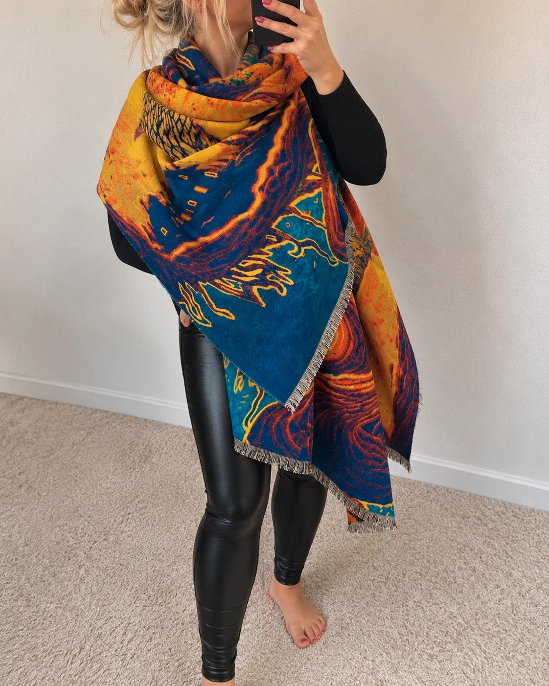 XXL multi shawl featuring a whimsical landscape design with fringed edges.