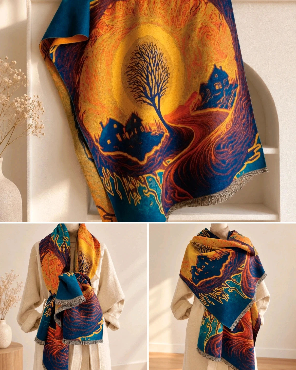 XXL multi shawl featuring a whimsical landscape design with fringed edges.