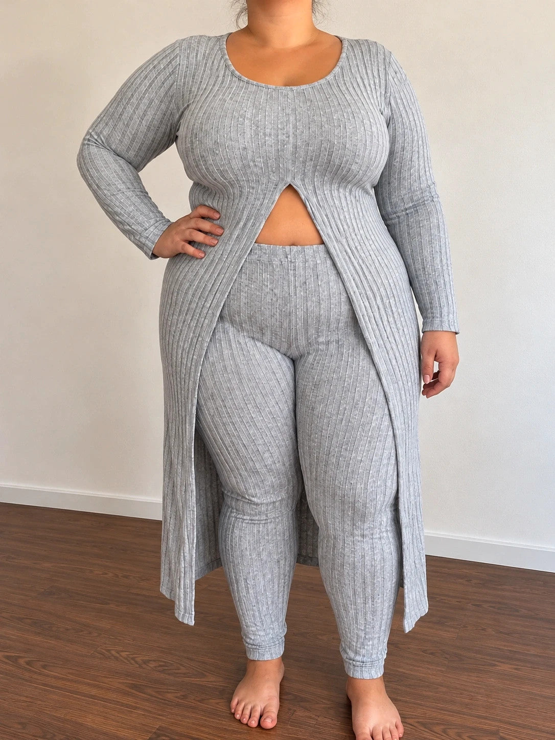 SheIn grey co-ords set featuring ribbed texture, long cardigan, and high-waist leggings.