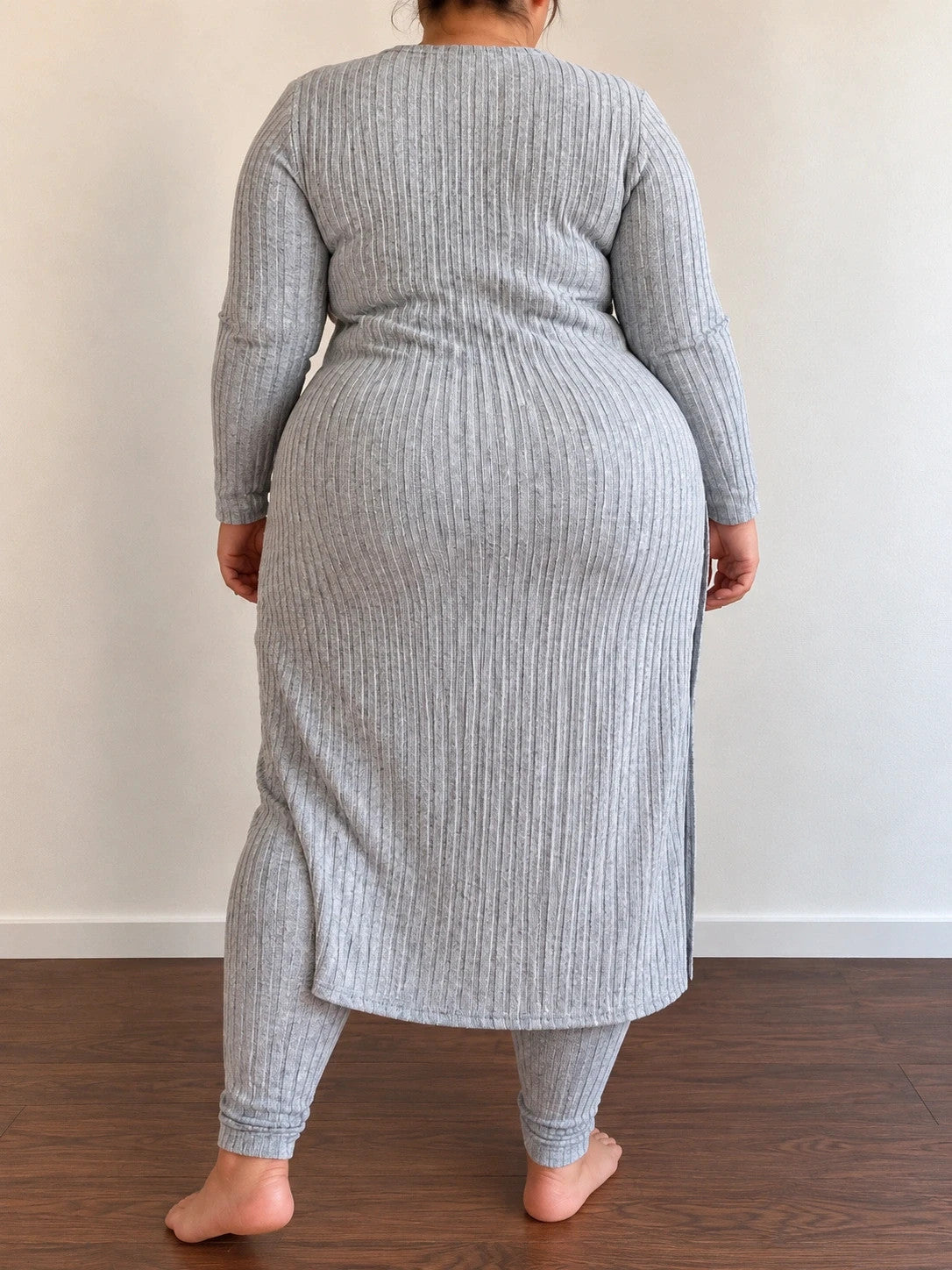 SheIn grey co-ords set featuring ribbed texture, long cardigan, and high-waist leggings.