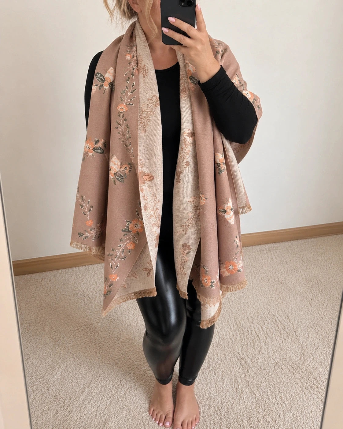 Beige shawl with brown bee and flower pattern, reversible design, fringed edges.