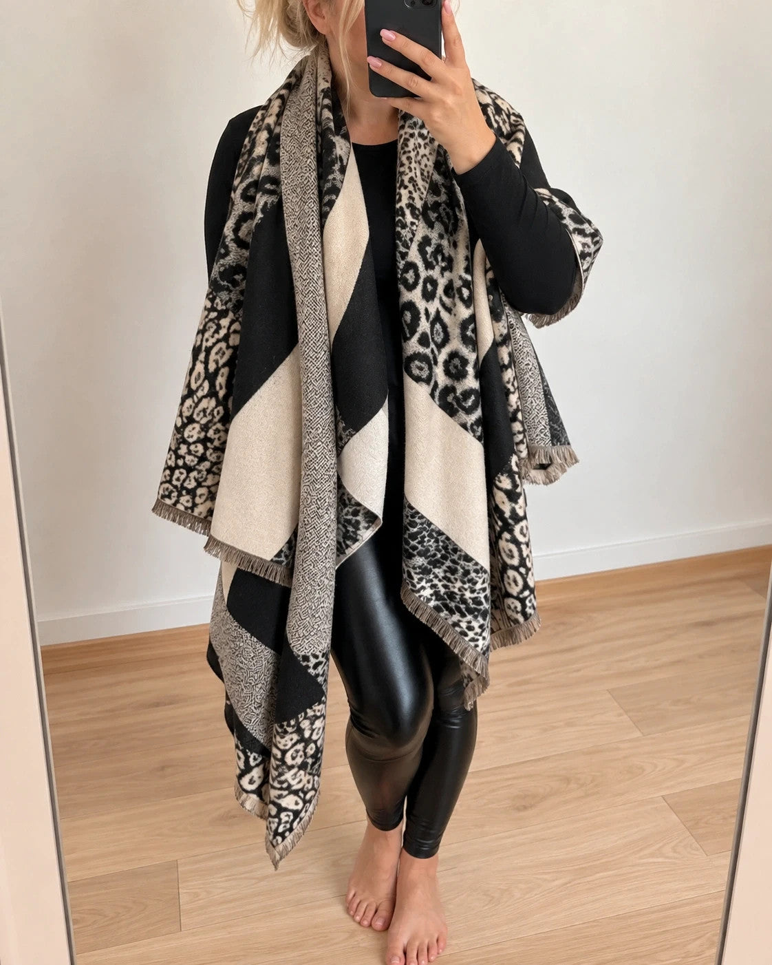 beige shawl black cream leopard print geometric patterns with fringe details